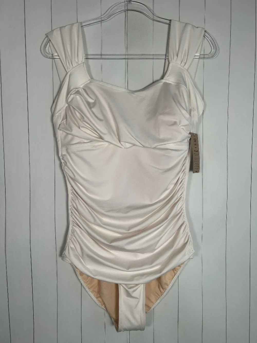 Albion size L off shoulder one piece swimsuit Ivory modest padded ruched NEW